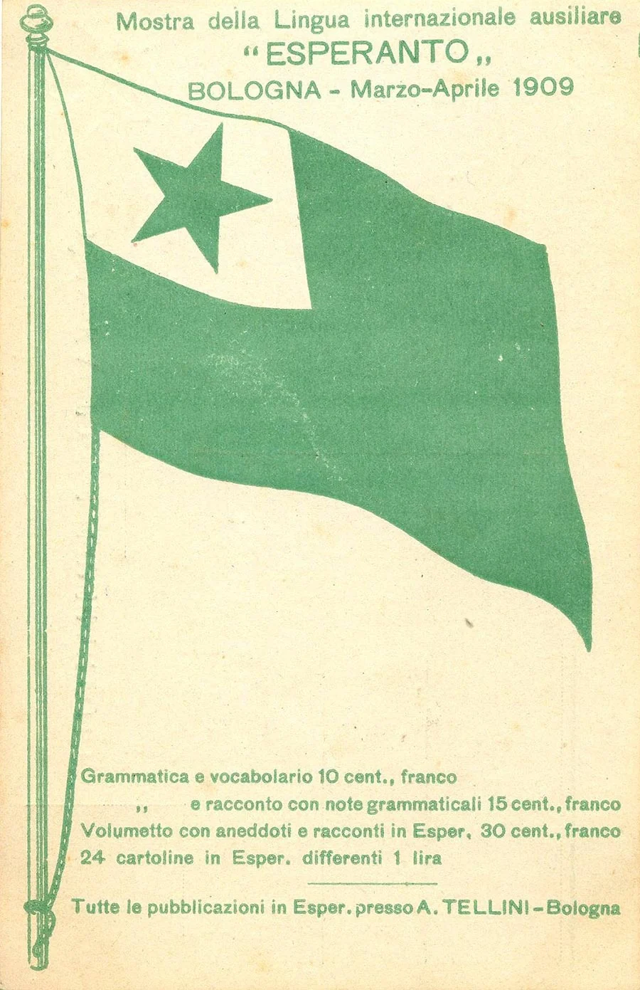 postcard with green flag with a star and text in green