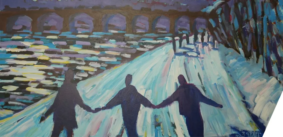 Impressionistic painting of three people holding hands, walking along a snowy riverbank with a bridge and city skyline in the background under a colorful sky.