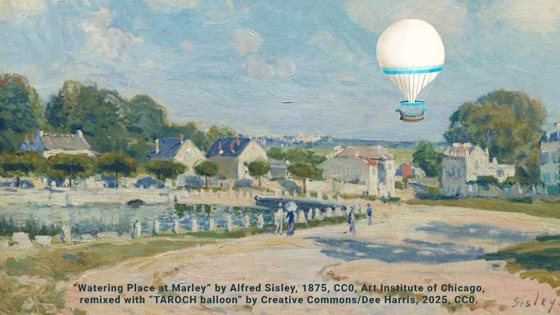 A hot air balloon floats over a riverside village in a pastoral landscape painting with people walking below.