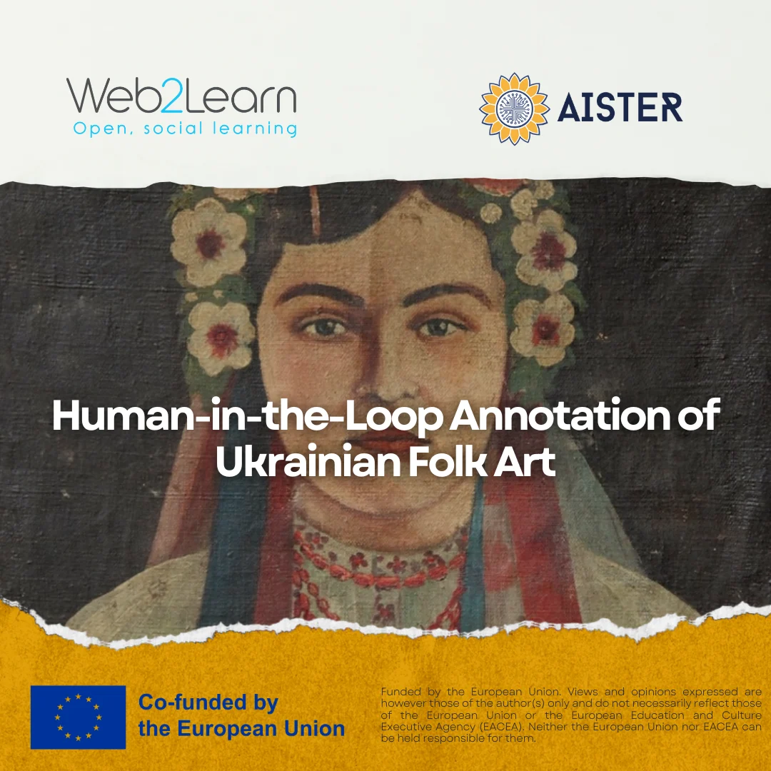 A painting of a woman in traditional Ukrainian attire with text about annotating Ukrainian folk art.