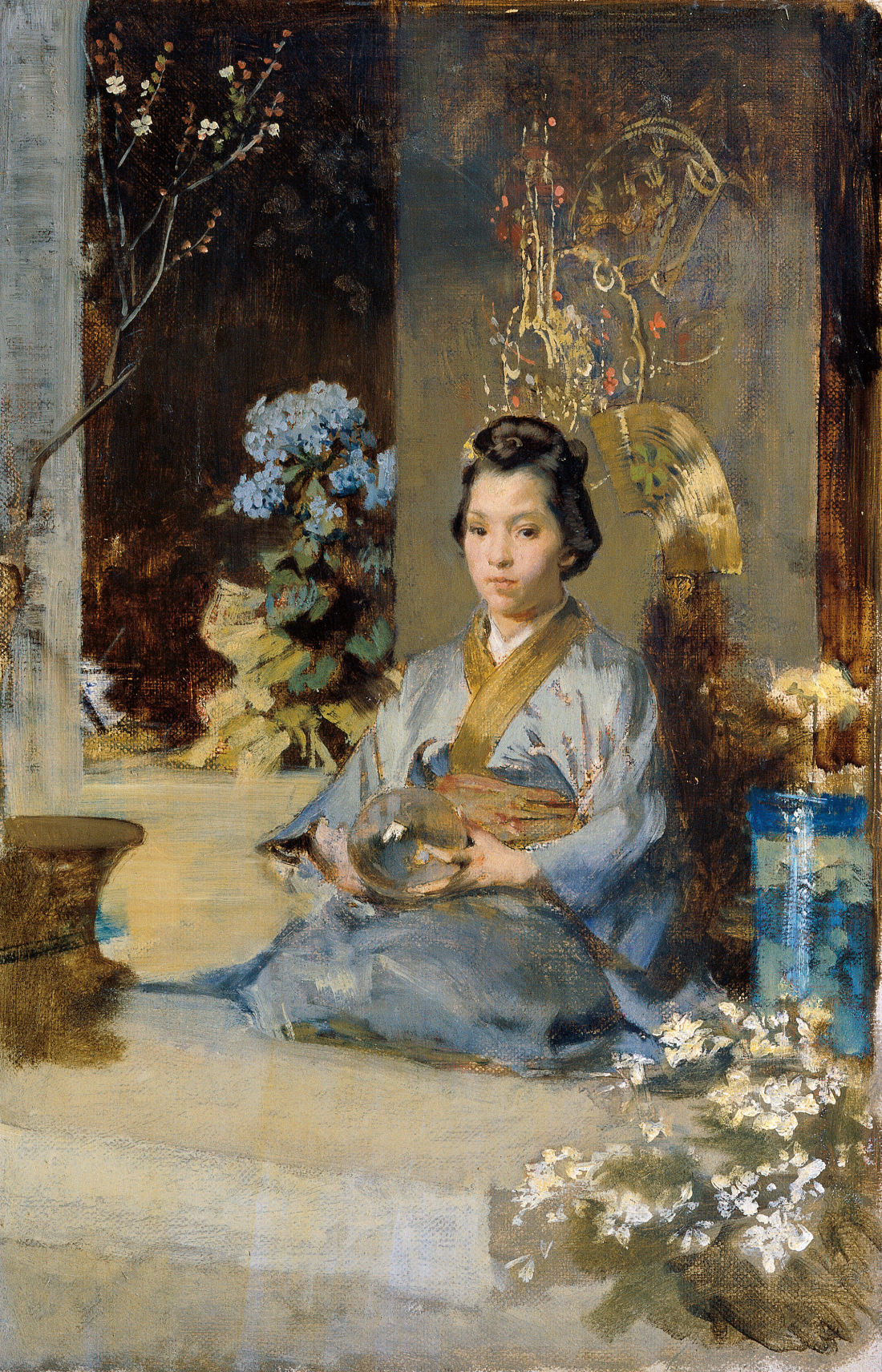 painting of a kneeling Japanese woman wearing a kimono 