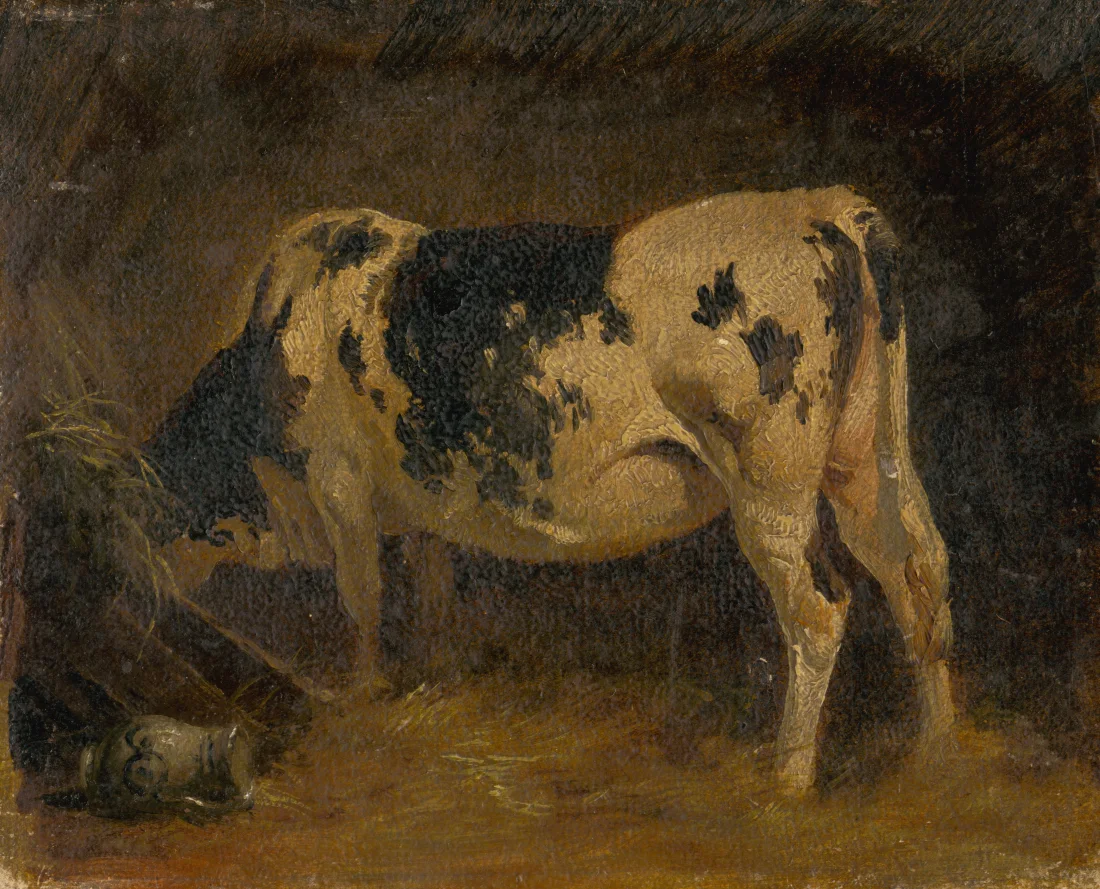colour painting of a black and white cow in a dark barn