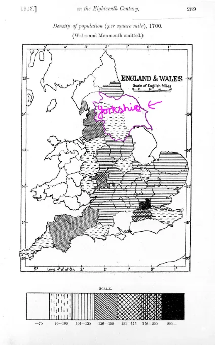 black and white map of England and Wales, with outline of Yorkshire highlighted in pink