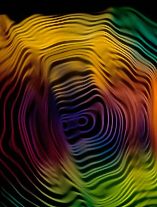 Wavy, colorful lines in a rainbow gradient pattern swirl against a black background.
