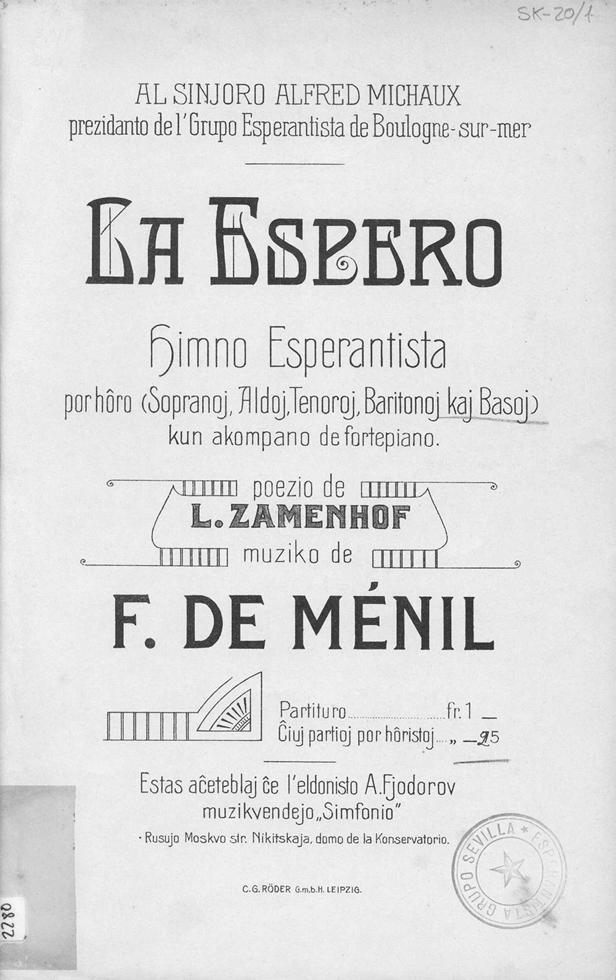 monochrome cover of a booklet with title La Espero