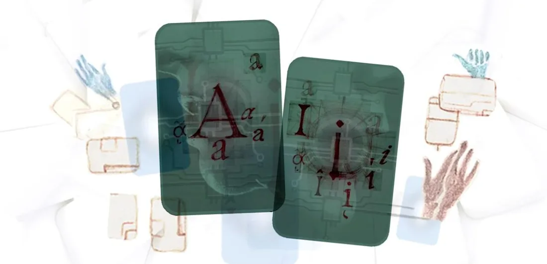 Two digitally illustrated green playing cards on a white background, with the letters A and I in capitals and lowercase calligraphy over modified photographs of human mouths in profile.
