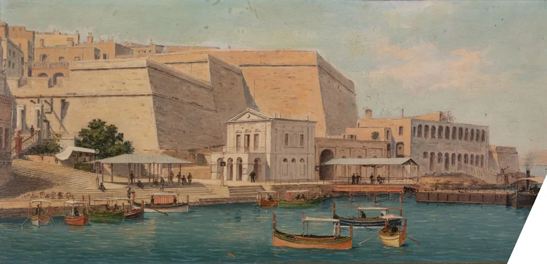A historical painting of a coastal port scene with small wooden boats floating on calm blue water, surrounded by classical buildings and large stone fortifications.