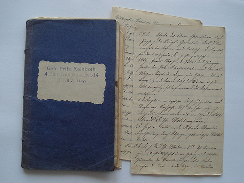 War diary of Friedrich Reinboth. The pictured diary is the first of three conserved war diaries covering the time between 1914 and 1917.