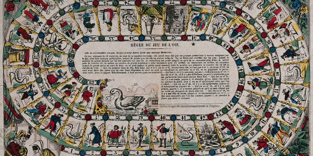 A board game with squares and numbers with the penalties, forfeits and rewards and instructions.