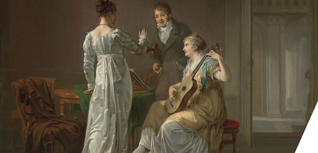 an interior with a view through to another space. Above the door is a marble relief of the Greek god Apollo playing his lyre. The two women are practising a duet for guitar and voice under the direction of their music teacher.
