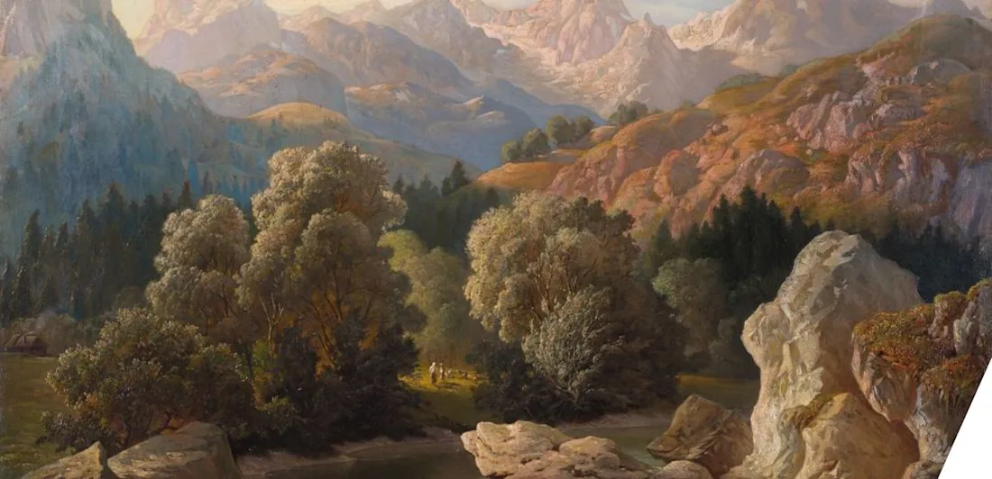 A painted mountain landscape with trees, rocky hills, and a river under a bright sky.