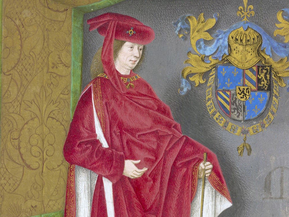 colour illustration, a profile portrait of a man wearing crimson robes