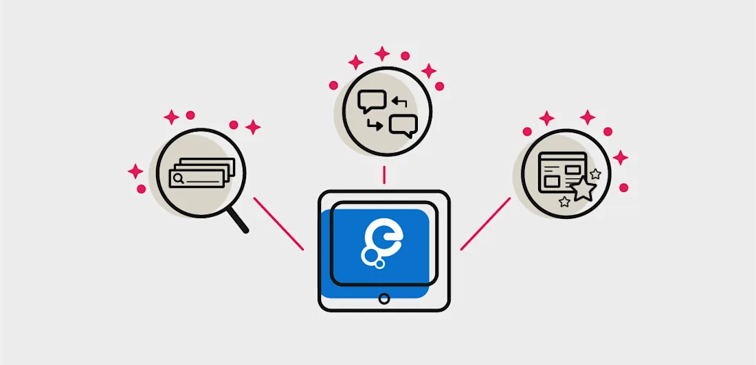 Icons reflecting updates to the Europeana website, showing a computer, search bar, messaging icons and a newspaper