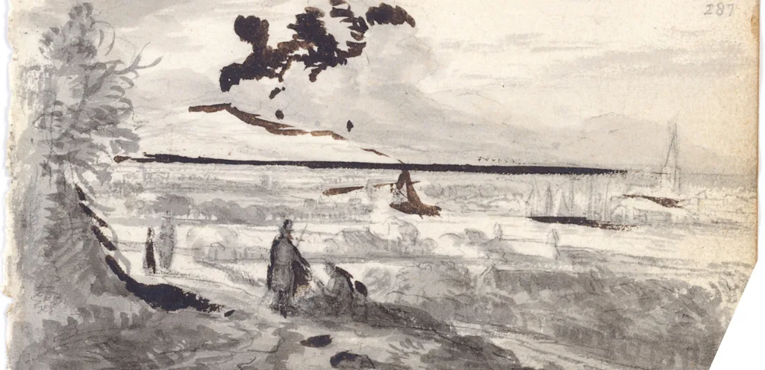 A view of ships from a shoreline