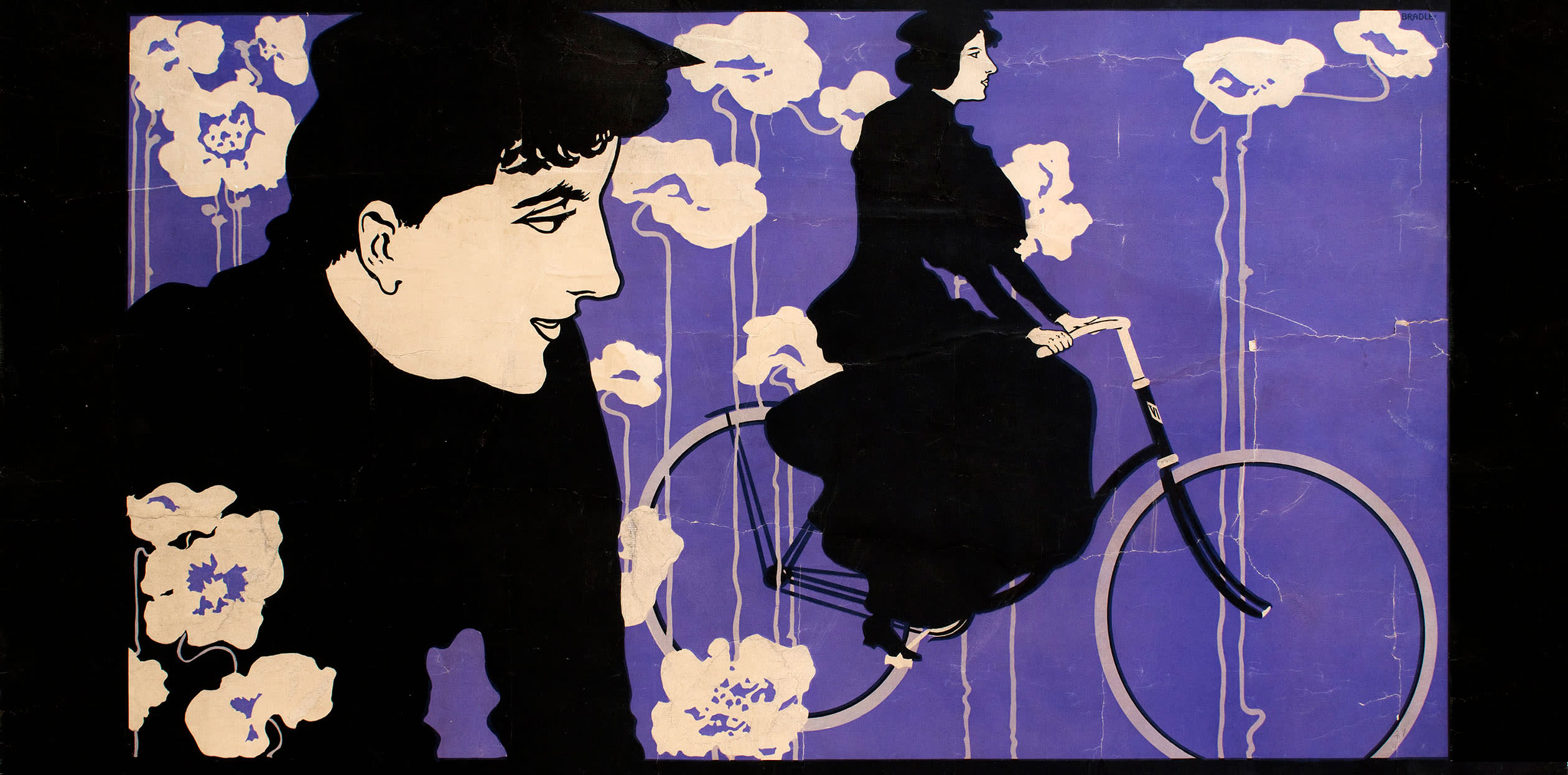 Purple, black and white poster for Victor Bicycles with two images of women cycling.