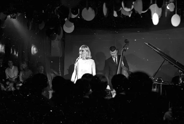 black and white photograph, Monica Zetterlund on stage.