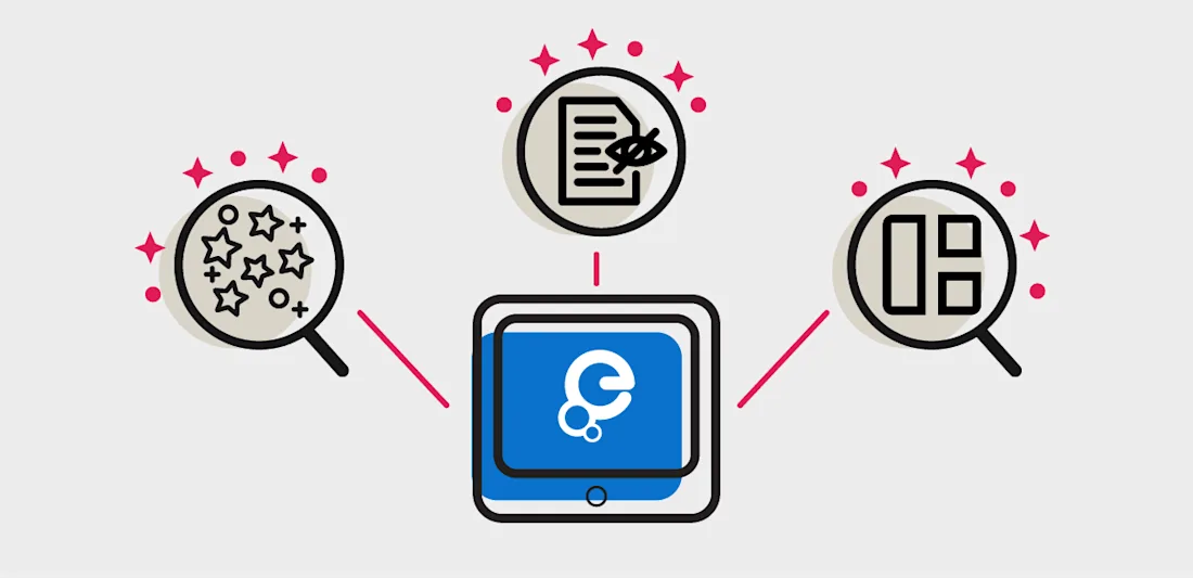 Four icons showing the Europeana logo and stars, a sheet of paper and rectangular shapes inside magnifying glasses