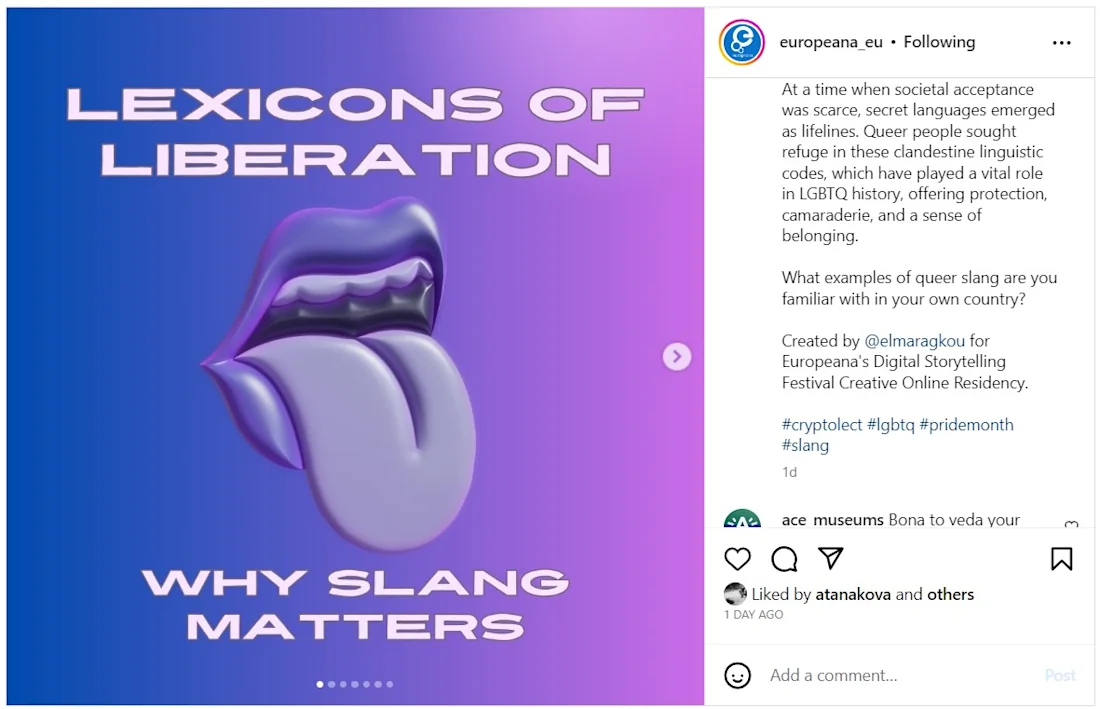 Screenshot of Instagram post by Eleni, from the Europeana account with text: Lexicons of Liberation; Why slang matters