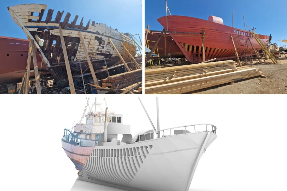The Lambousa Fishing Vessel before reconstruction, during reconstruction works and photogrammetry structure of the boat