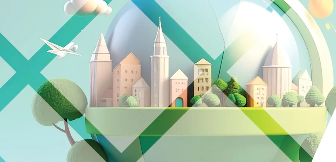 Illustration of a small city with trees and buildings on a spherical platform, with a plane, clouds, and sun in the sky, overlaid with green diagonal lines.