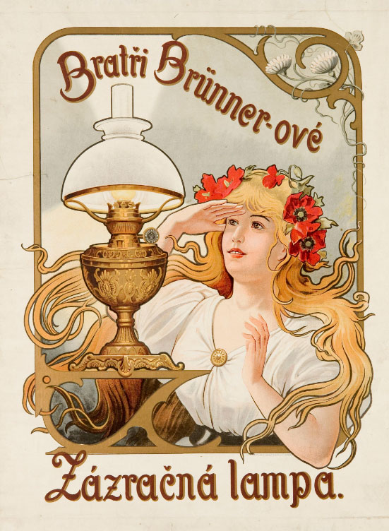 art nouveau poster showing blonde woman looking at a lamp