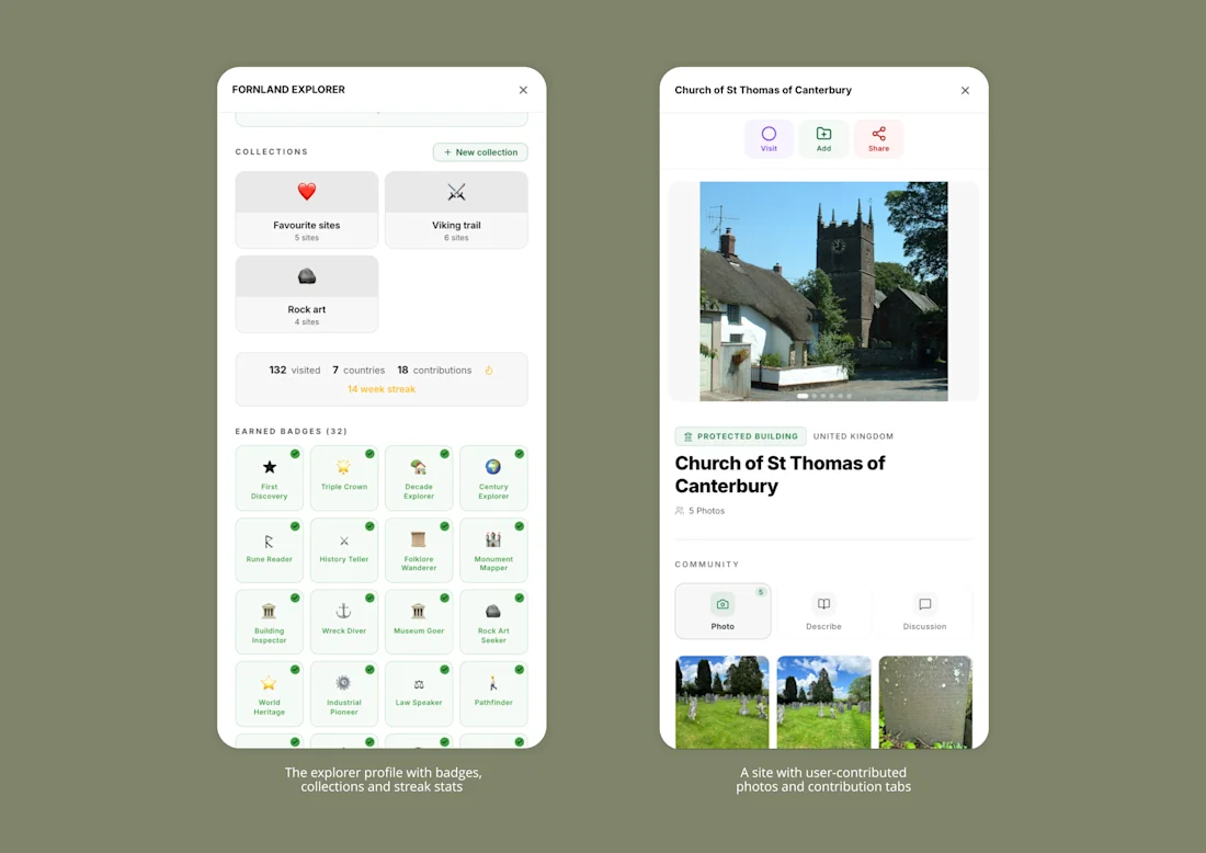 Two mobile app screens showing a profile with badges and a church detail page with photos and information.