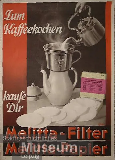 colour advert for Melitta filters featuring illustration of a pouring coffee pot