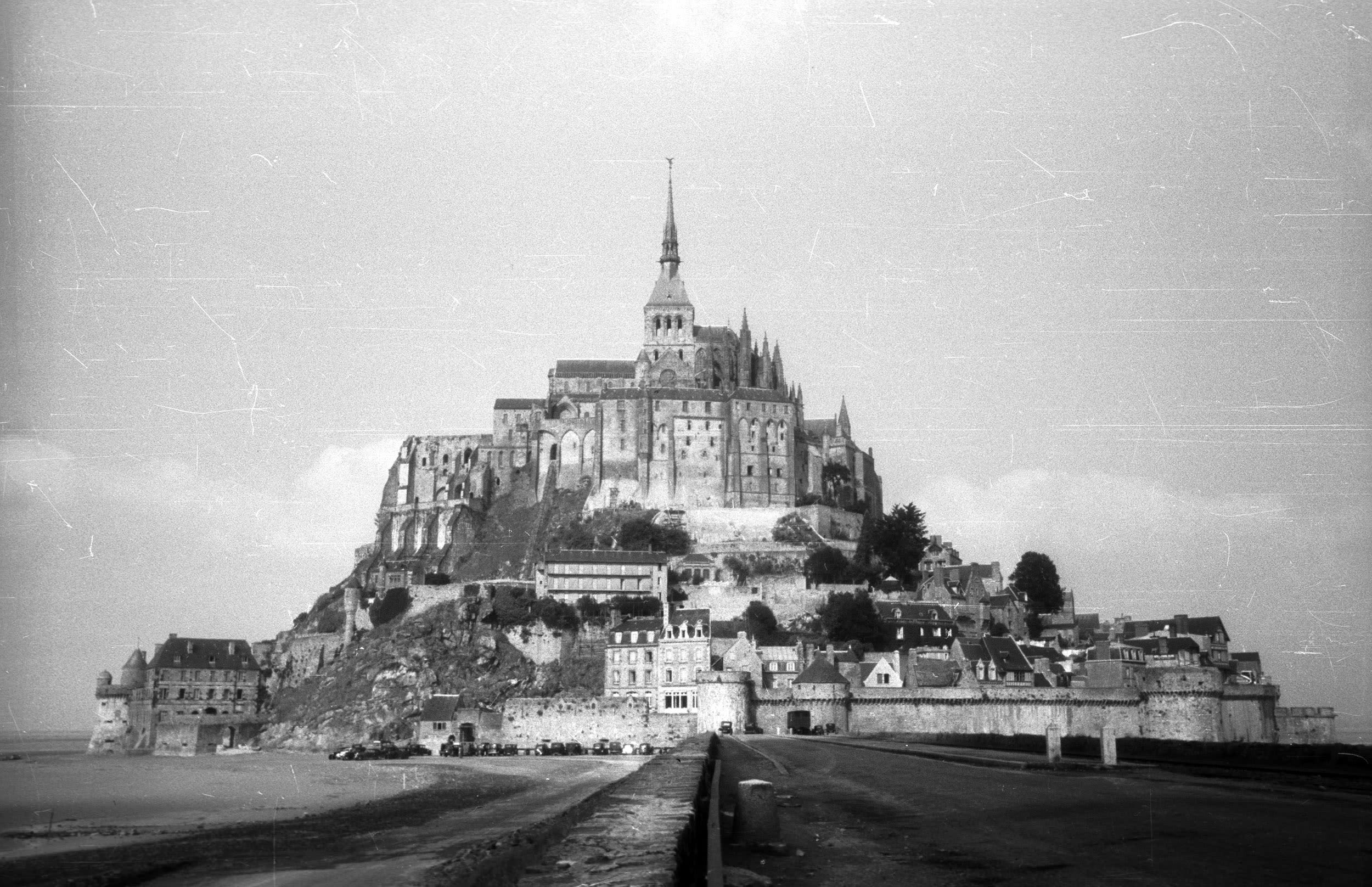 black and white photograph of Mont Saint Michel.