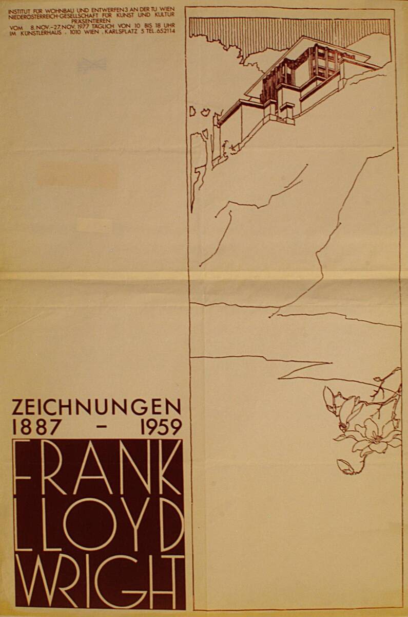 A poster illustrating a home on top of a cliff on the right side, and the text 'Drawings 1887-1959, Frank Lloyd Wright' on the left. 