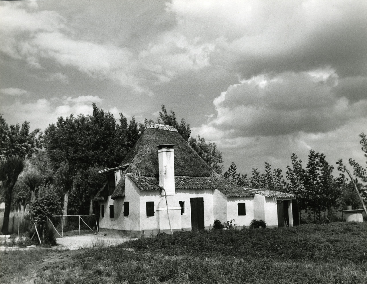 black and white photograph, a white cottage surrounded by trees