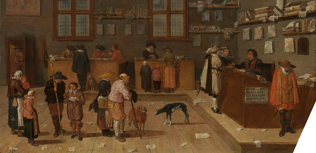 Interior of a lawyer's office. There is a line of waiting clients in front of the lectern behind which the lawyer sits. All kinds of papers, books and documents hang on the walls of the office. Some dogs walk among the customers.