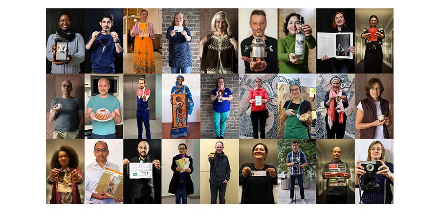 collage showing 27 people, each holding an object