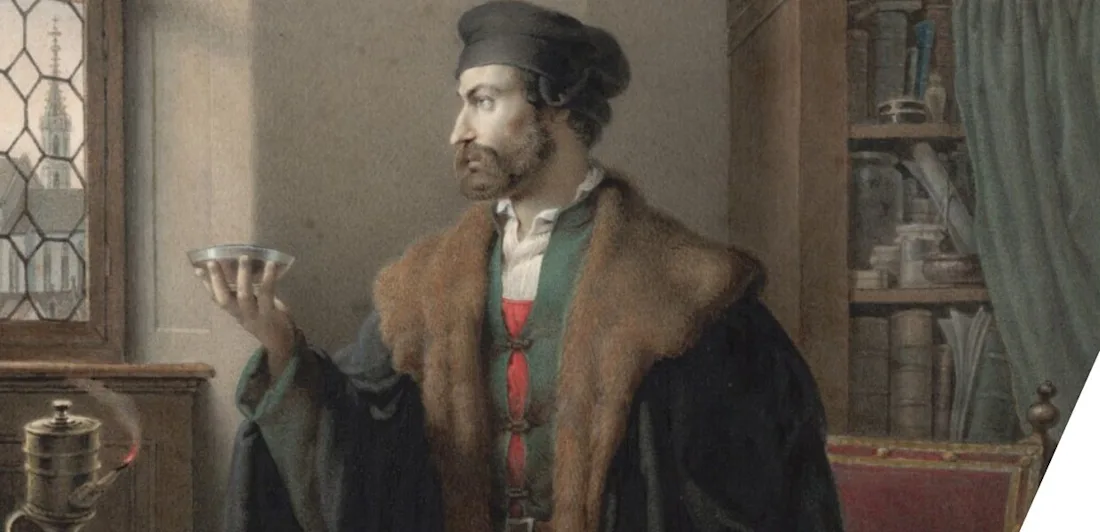A man in robes stands in a study, holding a dish and staring out a window