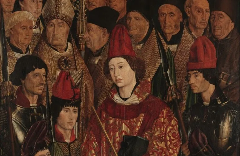 A panel painting of an Archbishop surrounded by priests and worshippers