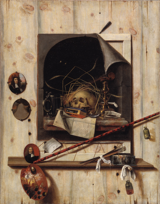 Cornelius Norbertus Gijsbrechts (1657-1683), Trompe l'oeil med ateliervaeg og vanitas-stilleben, 1668