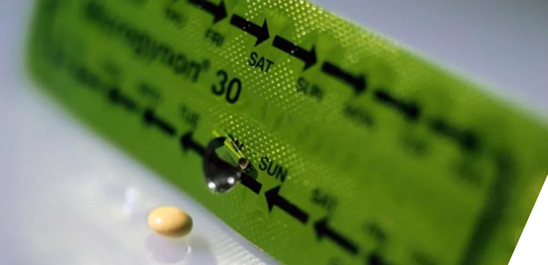 Pack of contraceptive pills - one has been removed from the pack