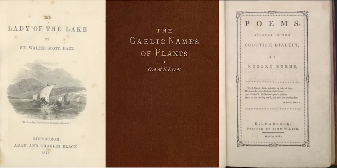 The lady of the lake. | Walter Scott; Poems, chiefly in the Scottish dialect. | Robert Burns; Gaelic names of plants (Scottish and Irish)| John Cameron (musician), 1871;1786;1883, The National Library of Scotland, United Kingdom, CC BY; Public Domain