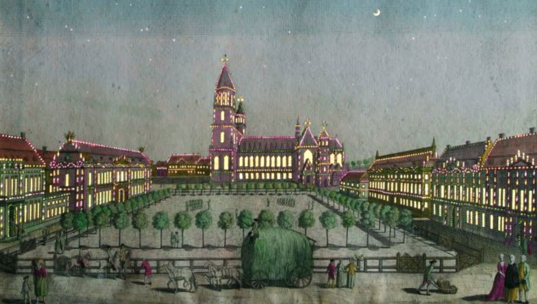 a muted but colourful canvas depicting a city square at dusk. The square is lined with green trees, and surrounded by houses, mansions and a church. All buildings are brightly lit from the inside. 