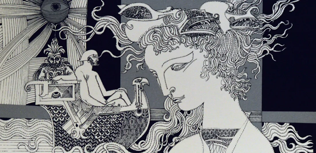 Picture of a young woman and two men in an ark and the Sun above - serigraphy.