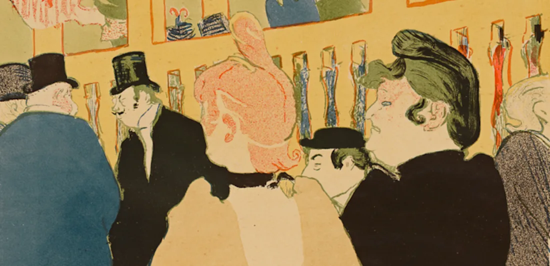 Illustration of people in formal attire mingling indoors, with patterned umbrellas displayed on the wall behind them.