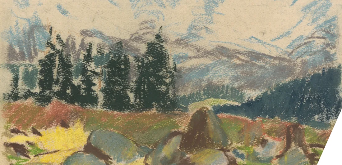 Artists depiction of a summer day on a rocky forest clearing