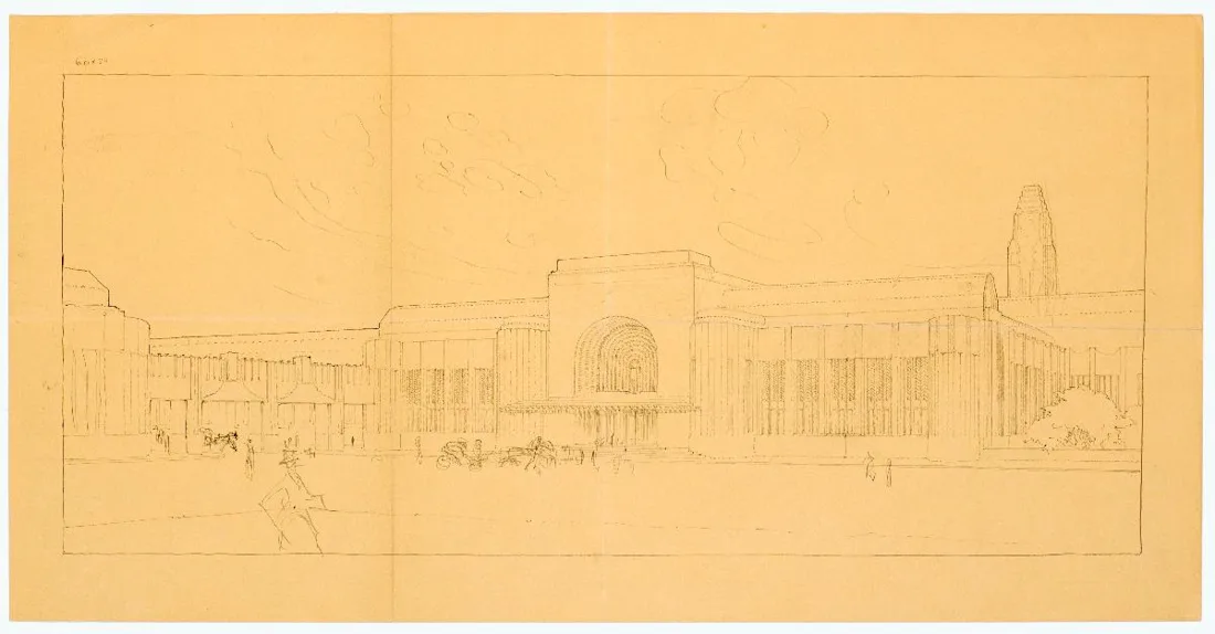 A pencil sketch of a large, grand train station with an arched entrance and a tall tower on the right.