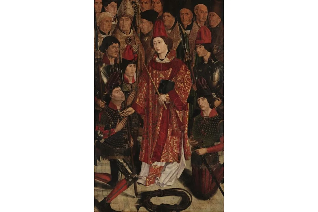 A panel painting of an Archbishop surrounded by priests and worshippers