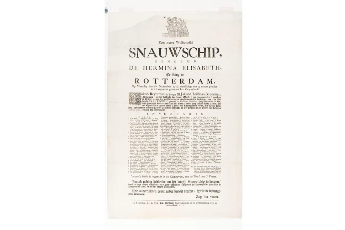 Document of an auction of Snauwschip genoemd de hermina Elisabeth.