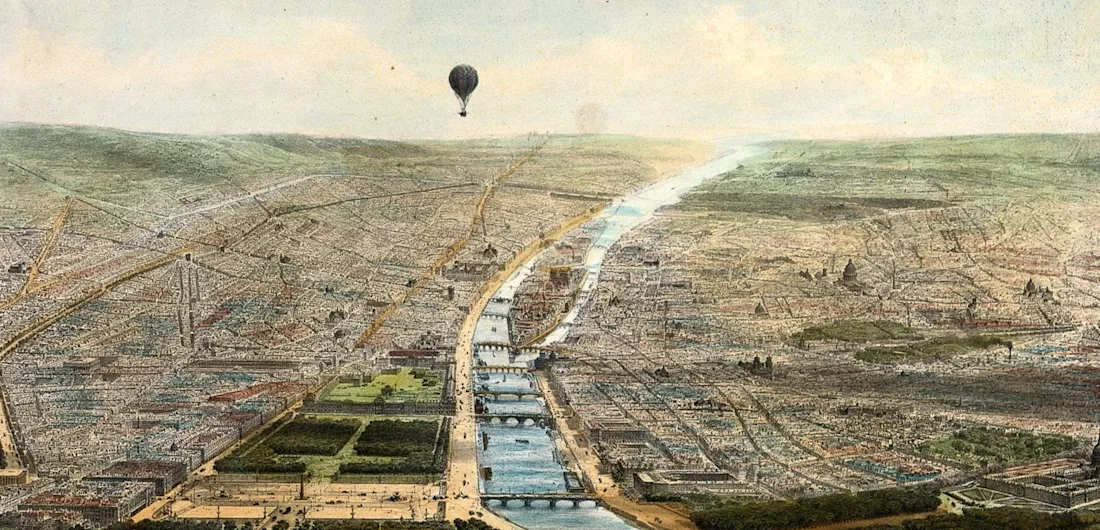 Painting of a hot air balloon over a city