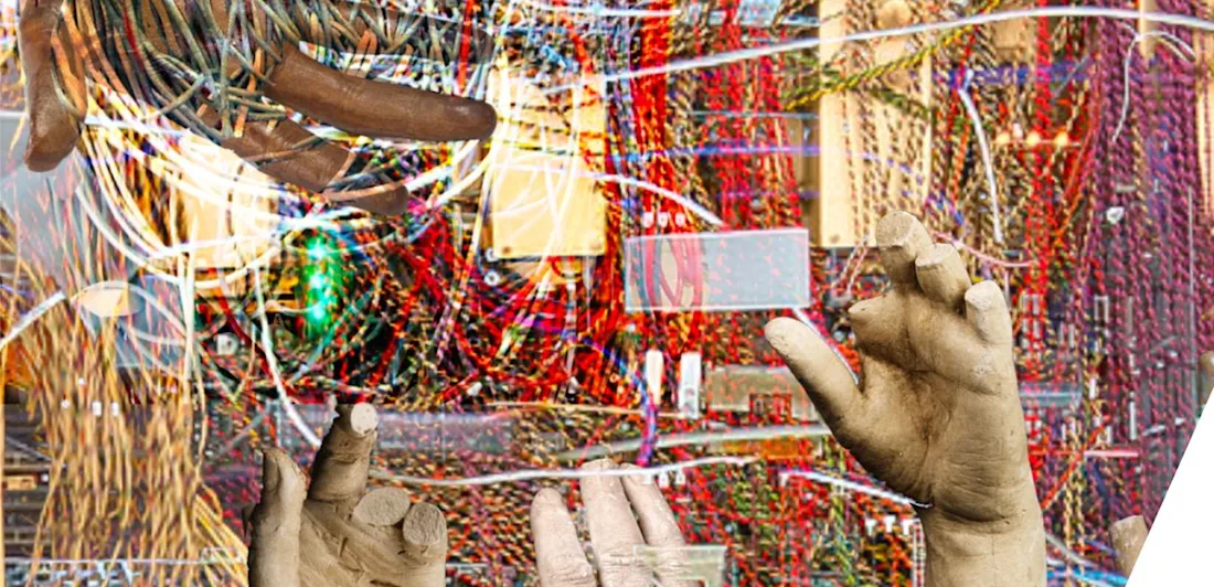 A series of stone-like hands, fractured and cracked, reaching out in various directions from a chaotic mass of tangled wires.
