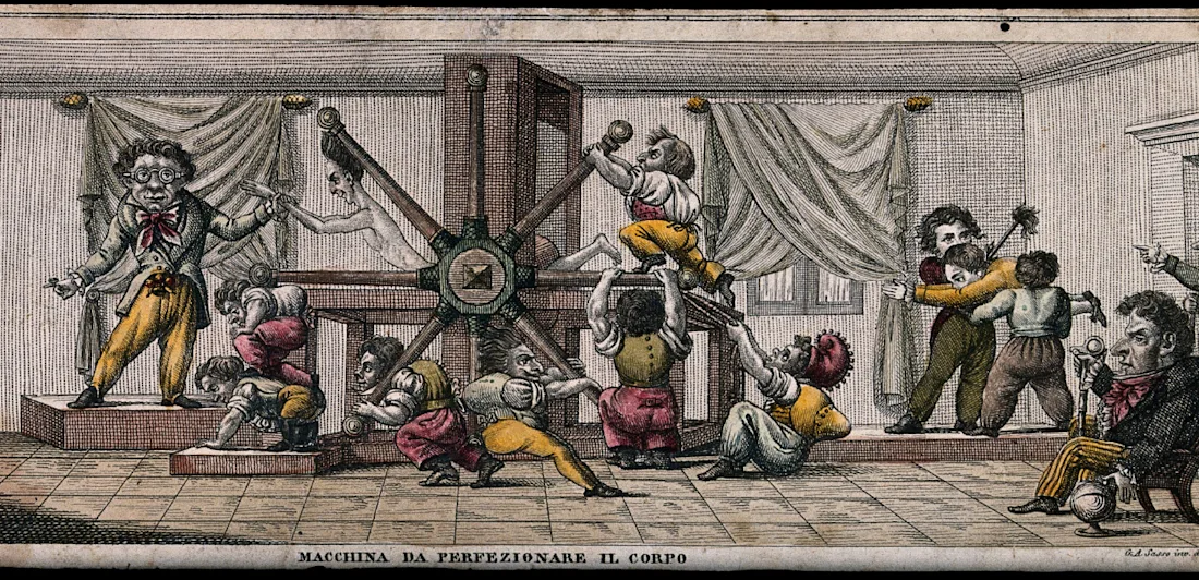 The handles of a machine are being turned by small people as a figure in the machine is flattened and stretched.