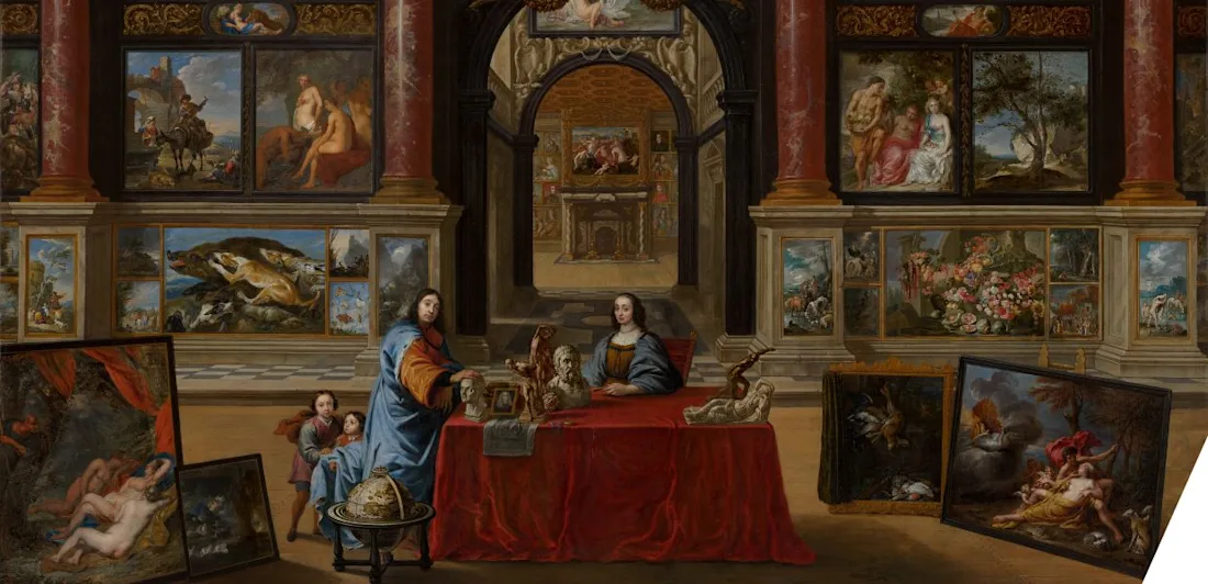 Wide view of an ornate gallery interior filled with large framed paintings, where a few figures sit at a table in the center surrounded by stacked and hung artworks.