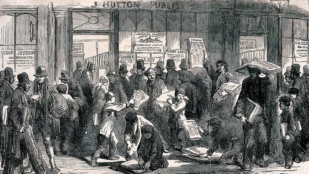 group of boys handing out newspapers to a crowd of people
