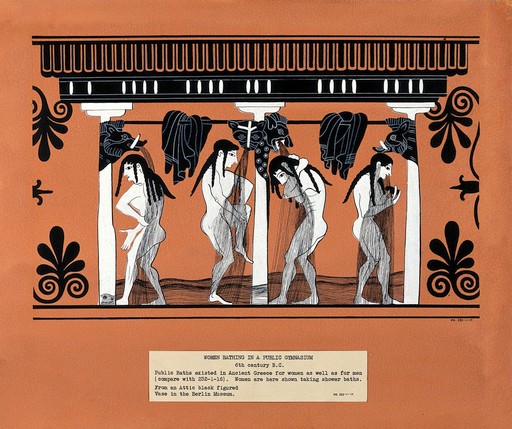 Egyptian clay painting showing four women bathing in a public gymnasium